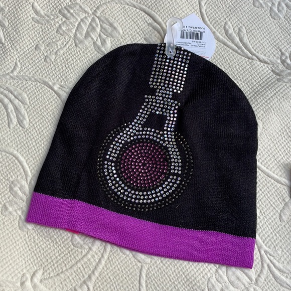 Y2K “Good Vibes” Beanie Hat & Gloves Embellished Music Notes - Black Pur… - Picture 6 of 10